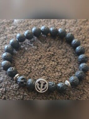 Men's Black Lava Bead Bracelet with Anchor Accent